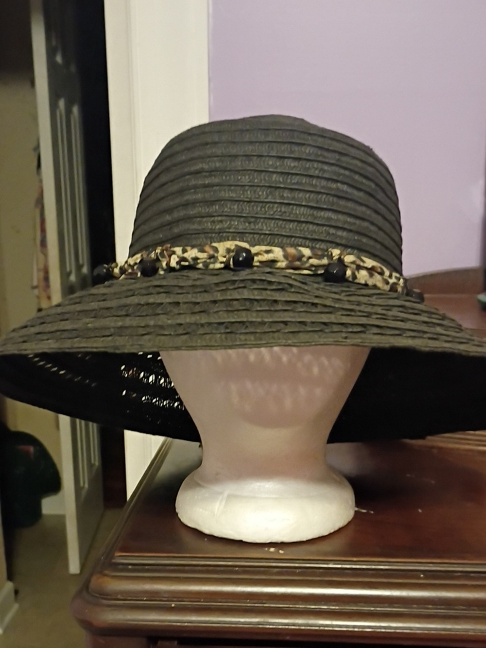Scala Collection Classic Black Wide-Brim Sun Hat with Beaded Trim